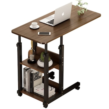 WANLIAN Side Table C Shaped End Table with Lockable Wheels Height Adjustable Mobile Couch Desk Table,Sofa Bedside Laptop Stand TV Tray with Storage Shelves, Snack Side Table (Original)
