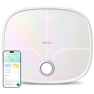 Etekcity Smart Rechargeable Scale for Body Weight, BMI, Fat, Muscle Mass, FSA HSA Eligible, Digital Bathroom Scale with 13 Metrics, Secret Mode, Bluetooth Connect to Free Apps, Rainbow White