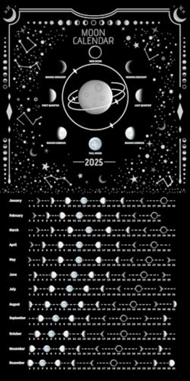 Moon Calendar 2025 Lunar Phases, Hangable MoonLight Wall Poster, Full Moon Tracker Wall Art, Moon Lover Gifts, Astrology Decorations, and Celestial Calendar, Black