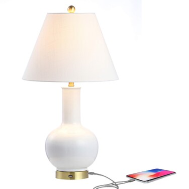 JONATHAN Y JYL6600A Han 27" Ceramic/Iron Contemporary USB Charging LED Table Lamp Bedside Desk Nightstand Lamp for Bedroom Living Room Office College Bookcase LED Bulb Included, White/Brass Gold