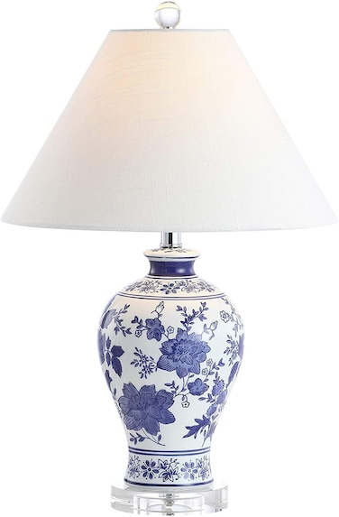 JONATHAN Y JYL6613A Song 21.5" Ceramic/Crystal Chinoiserie Floral LED Table Lamp Classic Cottage Bedside Desk Nightstand Lamp for Bedroom Living Room Office College Bookcase, Blue/White