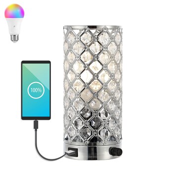 JONATHAN Y JYL1128A Lucie 9.5" Mid-Century Modern Iron/Acrylic LED Mini Uplight Table Lamp with USB Charging Port and Smart Bulb Contemporary, Vintage Bedside Desk Nightstand Lamp, Chrome/Clear