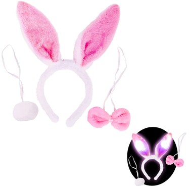 Kangaroo Plush LED Light Up Bunny Costume Adult, White Bunny Ears, Tail &amp; Bowtie Cosplay Accessories, White Rabbit Ears for Easter &amp; Halloween, All Party Favor Basket Stuffers Pink, Stocking Stuffer