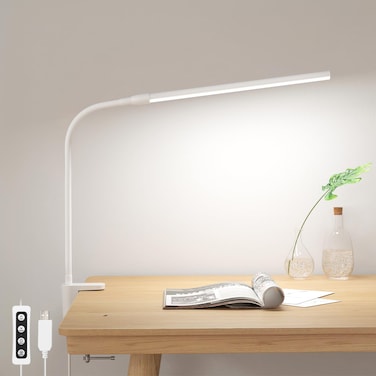 Lepro Small Desk Lamp with Clamp, LED Reading Lamp with 3 Color Modes 10 Brightness, Dimmable USB Clip on desk light with Gooseneck Swing Arm for Bed Headboard, Workbench, Home Office and Nail (White)
