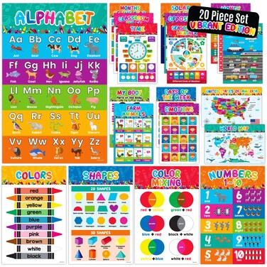 Decorably 20 Vibrant Preschool Posters for Classroom, 11x17in Matte-Laminated Educational Educational Posters for Toddlers 1-3