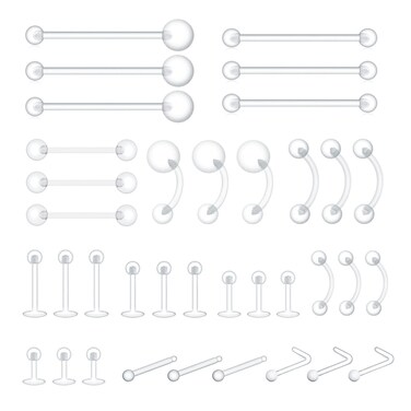 PiercingArt 36pcs Clear Piercing Retainers Bioflex Plastic Jewelry for Nipple Tongue Nose Septum Eyebrow Belly Earrings Tragus Helix Cartilage Industrial Lip Labret Rings Studs For Surgery Mri