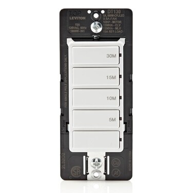 Leviton Countdown Timer Switch for bathroom fan and household lights, 5-10-15-30 min, No Neutral Required, Single Pole, 15A, 1/2 HP/9.8A Fan/Motor, DT130-1LW, White