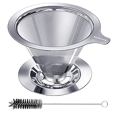 Hanlomele Pour Over Coffee Dripper, Paperless Reusable Coffee Filter, Pour Over Coffee Maker for Single Cup Brew, Double Mesh Design of Stainless Steel Cone Filter for Perfect Extraction (1-2 Cup)