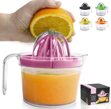 Zulay Kitchen 3-in-1 Manual Citrus Juicer Reamer Cup - 17OZ Multifunction Lemon Squeezer, Orange Juicer Squeezer &amp; Citrus Extractor - Includes 2 Reamers, Strainer &amp; Measuring Cup with Handle (Pink)