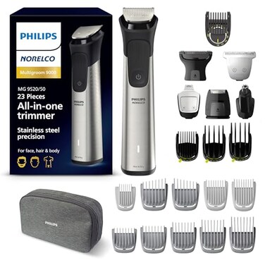 Philips Norelco Multigroom 9000 Series, All-in-One Trimmer, Beard Trimmer and Hair Clipper, 23-Piece Men's Grooming Kit for Beard, Body, Face, Nose, Ear and Intimate Areas, MG9520/50