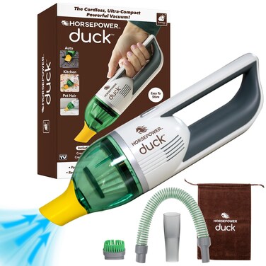 Duck Compact Cordless Vacuum by Horsepower, Ultra-Powerful, Strong Suction, AS-SEEN-ON-TV, Easy To Store, Rechargeable. Home, Auto, Pet Hair, Fits In Tiny Crevices, Includes Hose, Crevice Tool &amp; Brush