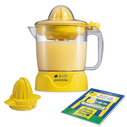 Proctor Silex Alex&#39;s Lemonade Stand Electric Citrus Juicer Machine and Squeezer, for Lemons, Limes and Oranges, 34 oz, Includes 2 Reamers &amp; Recipe Book, Yellow (66341)