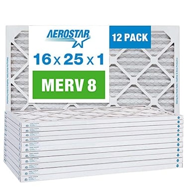Aerostar 16x25x1 MERV 8 Pleated Air Filter, AC Furnace Air Filter, 12 Pack (Actual Size: 15 3/4" x 24 3/4" x 3/4")