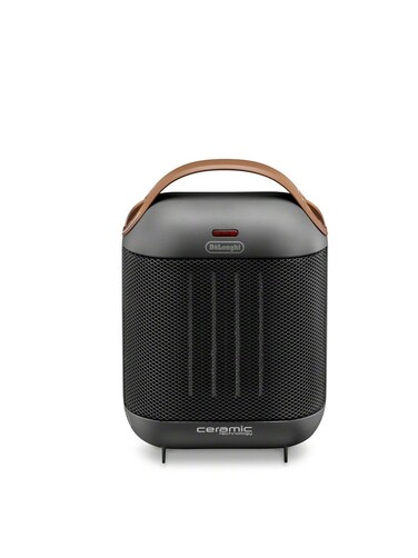 DeLonghi Capsule Electric Space Heater, 1500w compact and stylized portable space heater for indoor use in office bedroom, thermostat, ceramic heater, fan only option, safety features, HFX30C15