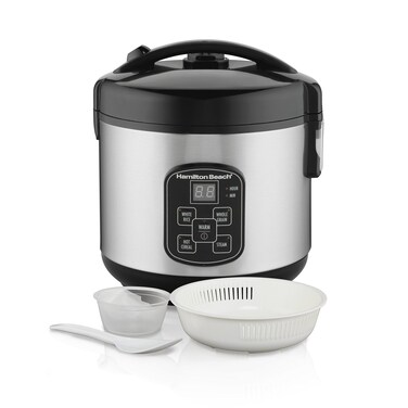 Hamilton Beach Digital Programmable Rice Cooker &amp; Food Steamer, 8 Cups Cooked (4 Uncooked), With Steam &amp; Rinse Basket, Stainless Steel (37518)