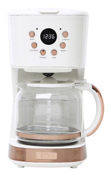 Haden Coffee Machine, 12 Cup Programmable Drip Coffee Maker with Auto Shut-Off Function and Reusable Washable Water Filter, Ivory &amp; Copper