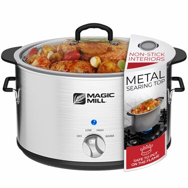 Magic Mill Slow Cooker 10 Quart   Extra Large Non-Stick Metal Searing Pot &amp; Transparent Tempered Glass Lid Multipurpose Lightweight Slow Cookers, Pot is Safe to Put the On the Flame, Dishwasher Safe