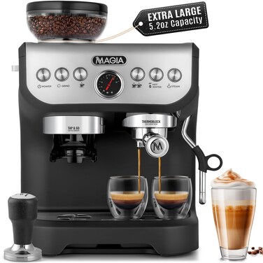 Zulay Kitchen Magia Manual Espresso Machine with Grinder and Milk Frother - 15 Bar Pressure Pump Cappuccino Machine - Latte Machine - &amp; Extra Large 2L Removable Water Tank