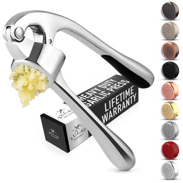 Zulay Kitchen Premium Garlic Press - Durable Garlic Masher with Soft, Easy to Squeeze Handle - Garlic Mincer Tool - Sturdy Easy to Clean Garlic Crusher (Chrome)