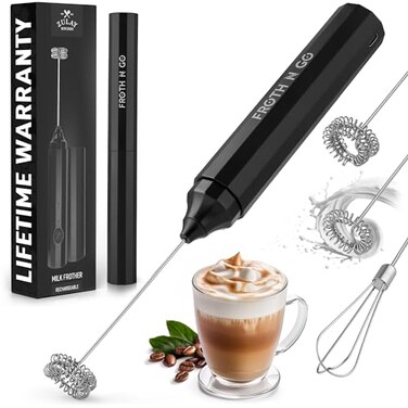 Zulay Froth N Go Milk Frother Rechargeable - 3-in-1 Frother Wand With Case &amp; USB-C Charger - Comes With 3 Whisk Attachments for Latte, Cappuccino, Matcha, Protein Shakes - Black