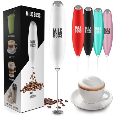 Milk Boss Matcha Whisk - Handheld Electric Stirrer - Matcha Frother Wand &amp; Drink Mixer - Electric Whisk for Matcha Tea &amp; Green Tea - Durable Stainless Steel Matcha Blender - White Powerful Frother