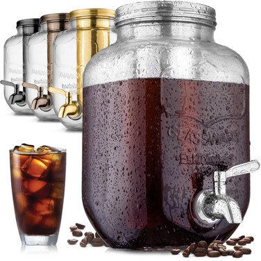 Zulay Kitchen 1 Gallon Cold Brew Coffee Maker - Large Iced Tea &amp; Cold Brew Pitcher with Extra-Thick Glass &amp; Stainless Steel Infuser - Cold Brew Coffee Maker with Airtight Lid &amp; Spout (Silver)