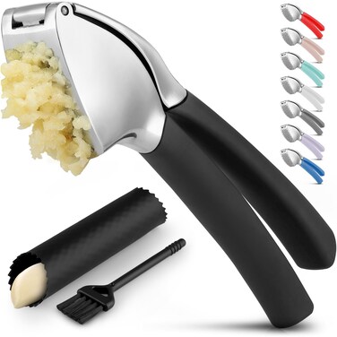 Zulay Comfort Grip Garlic Press - Garlic Mincer Tool - Garlic Crusher - Garlic Press Mincer Rust Proof, with Soft Ergonomic Handle, Easy Clean Set with Peeler and Brush