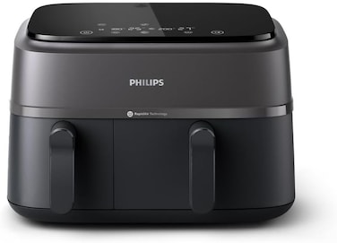 Philips 3000 Series Dual Basket Air Fryer, Black, NA350/00 (8 In 1 Functions, 9.5 Quarts, 2 Drawers, Auto-Sync Cooking Time, 90% Less Fat, Rapid Air Technology, HomeID Recipe App, Dishwasher Safe)
