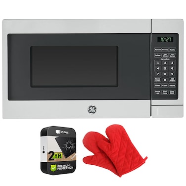 GE GCST07N1WSS Countertop Microwave Oven 700-watt Compact 0.7 Cu Ft Stainless Steel Bundle with 2 YR CPS Enhanced Protection Pack and Deco Chef Pair of Red Heat Resistant Oven Mitt