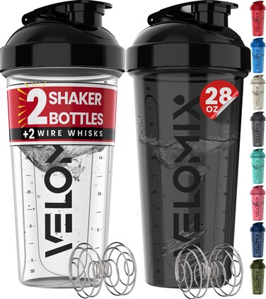 VELOMIX -2 Pack- 28 oz Protein Shaker Bottles for Protein Mixes - 2x Wire Whisk   Leak Proof Shaker Cups for Protein Shakes   Protein Shaker Bottle Pack   Shakers for Protein Shakes-Black&amp;Transparent