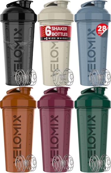 VELOMIX -6 PACK- Shaker Cups for Protein Shakes 28 oz - 6x Wire Whisk   Leak Proof Protein Shaker Bottle for Protein Shakes, Shaker Bottle Pack for Pre &amp; Post Workout, Shaker Cup, Shaker Bottle Cups