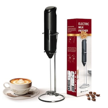 YSSOA Electric Milk Frother Handheld with Stainless Steel Stand Battery Operated Whisk Drink Mixer for Coffee, Frappe, Latte, Matcha, Hot Chocolate, Mini Hand Blender, Black