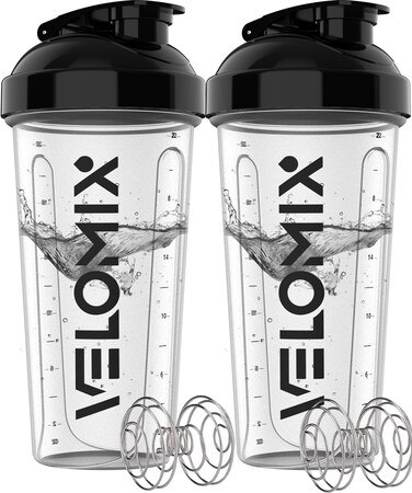 VELOMIX -2 Pack- 28 oz Protein Shaker Bottles for Protein Mixes - 2x Wire Whisk   Leak Proof Shaker Cups for Protein Shakes   Protein Shaker Bottle Pack   Shakers for Protein Shakes - 2xTransparent