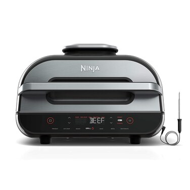 Ninja Indoor Grill, Foodi Smart XL 6-in-1 Indoor Grill with Air Fry, Roast, Bake, Broil &amp; Dehydrate, Smart Thermometer, Black/Silver, FG551