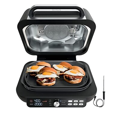 Ninja IG651 Foodi Smart XL Pro 7-in-1 Indoor Grill/Griddle Combo, use Opened or Closed, Air Fry, Dehydrate &amp; More, Pro Power Grate, Flat Top, Crisper, Smart Thermometer, Black