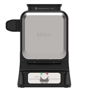 Ninja BW1001 NeverStick PRO Belgian Waffle Maker, Vertical Design, 5 Shade Settings, with Precision-Pour Cup &amp; Chef-curated Recipe Guide, Black &amp; Silver