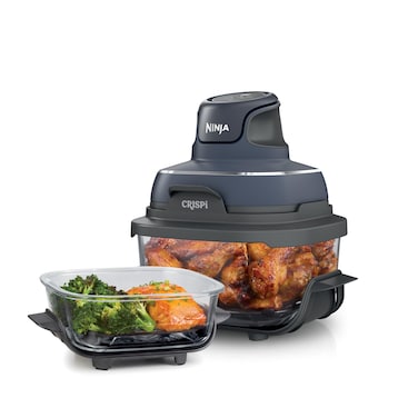 Ninja Crispi Air Fryer, Microwave, Freezer &amp; Dishwasher Safe, Non Toxic Glass Portable Cooking System, 4 QT &amp; 6 Cup Glass Containers with Storage Lids, Easy Meals, Air Fry, Bake, &amp; More Grey, FN101GY
