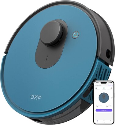OKP Robot Vacuum Cleaner Lidar Robotic Self Charging Vacuum Robot with Lidar Navigation Strong Suction for Hard Floors, Blue