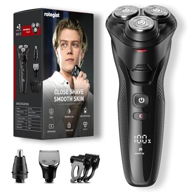 Electric Razor for Men, rategist Rechargeable Electric Shaver, Waterproof Wet Dry Cordless Razor, Adjustable Speeds, with Nose Hair Trimmer, Sideburns Trimmer