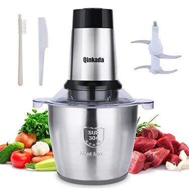 Qinkada Food Processor, 500W Powerful Meat Grinder, 14Cup Stainless Steel Bowl, 3 Speed Modes 4 Bi-Level Blades for Onion, Meat, Nuts, Fruit, Garlic, Vegetable, Baby Food
