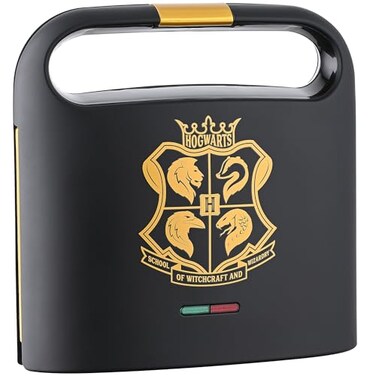 Warner Brothers Harry Potter Dual Sandwich Maker by Select Brands - Ceramic Coated Cooking Plates - Imprints Hogwarts Crest and Harry Potter Glasses on Toasted Sandwiches, Black and Gold, WBH-100SM