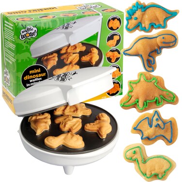 Dinosaur Mini Waffle Maker- 5 Different 3D Shaped Dinos in Minutes- Special Breakfast for Kids, Adults w Cool Novelty Pancakes, Electric NonStick Waffler Iron, Valentines Gift for Him or Dessert Treat