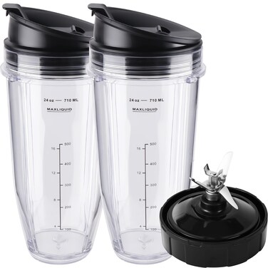 Ninja Blender Cups Replacement Parts 5-Piece Set: 2 x 24oz Cups with Lids &amp; 7-Fins Blade, Fits Nutri Ninja BN401 BN751 BN801 BL450 BL480 BL640 NN100