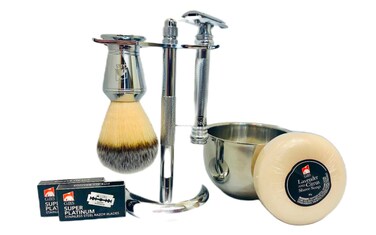 G.B.S Men's Shaving Set- Double Edge Safety Razor MK 38 Made in Soligen Germany, Shaving Brush, Dual Stand, Chrome Shaving Bowl, Natural Shave Soap, Double Edge Safety Razor Blades