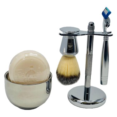 G.B.S Men's Shaving Kit - 5 Blade Razor Stainless Durable Wide Handle for Strong Grip, Shaving Brush, Razor + Brush Stand, Chrome shaving Bowl &amp; All-natural Shave soap