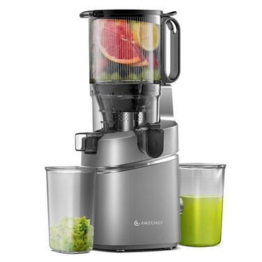 Juicer Machines, AMZCHEF 5.3-Inch Self-Feeding Masticating Juicer Fit Whole Fruits &amp; Vegetables, Cold Press Electric Juicer Machines with High Juice Yield, Easy Cleaning, 250W-Grey