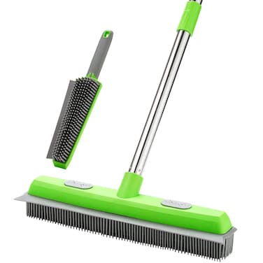Rubber Broom with Squeegee for Carpet Pet Hair Remover,57 inch Long Handled Fur Remover Rake,Portable Detailing Lint Brush,Pet Removal Fluff Carpet, Hardwood Floor, Tile
