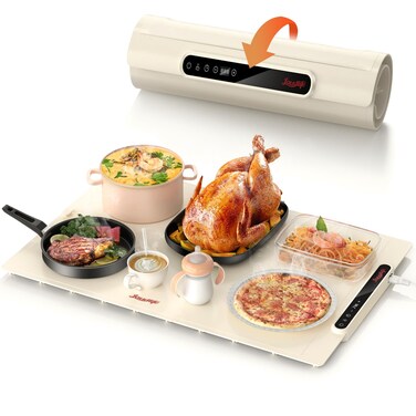Electric Warming Tray with 7 Adjustable Temperature, Laudlife Foldable Food Warmer for Parties with Child Lock, Fast Heating Plate for Buffet, Family Gathering, Sabbath, Holiday, Countertop, Beige