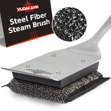 XUDAKAIXIN Grill Brush Bristle Free,Unique Steel Fibers Pad [Safe &amp; Efficient] Perfect for Cast Iron/Stainless-Steel Grates - with 1 Replaceable Cleaning Head - Safe Grill Cleaner for Outdoor Grill