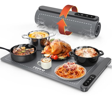 FEPPO Food Warming Mat, Upgrade High-tech Graphene Heating, Fast Full Surface Electric Warming Tray with 6 Level Adjustable Temperature and 6 Hours Timer, Roll Up Food Warmers for Parties Buffet